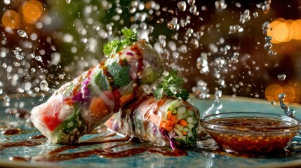 Hovering veggie spring rolls with sweet chili dip splashes against a softly blurred Asian fusion kitchen backdrop