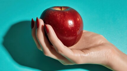 Isolated shot of a human hand cradling a glossy red apple on a sunlit turquoise background