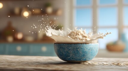 Levitating breakfast cereal bowl with creamy milk splash against a softly blurred farmhouse kitchen background