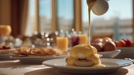 Levitating eggs benedict with hollandaise sauce gushes over a softly blurred hotel breakfast buffet backdrop