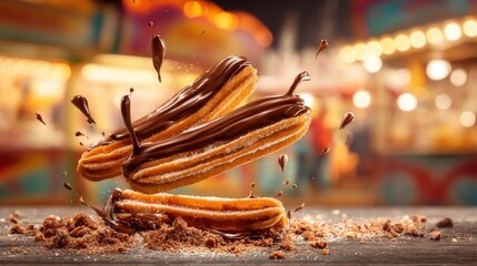 Levitating churros with glossy chocolate sauce splatters against a softly blurred carnival food stall background