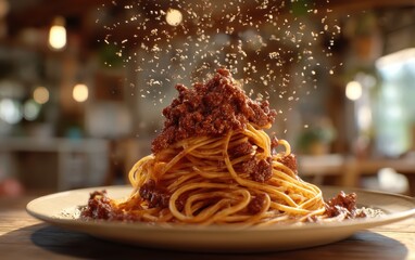 Levitating plate of spaghetti bolognese with rich tomato meat sauce splashes against a softly blurred trattoria interior background