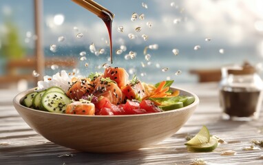 Levitating poke bowl ingredients tossing with soy ginger dressing droplets against a softly blurred seaside cafÃ© background