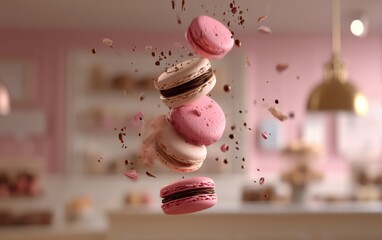 Mid-air macaron tower with ganache filling bursts against a softly blurred pastry shop scene background