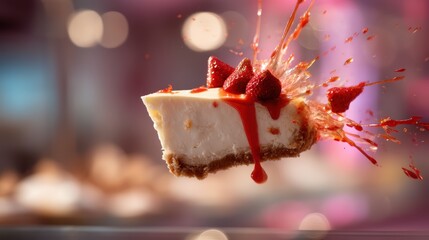 Mid-air cheesecake slice with vibrant strawberry coulis bursts over a softly blurred patisserie display background