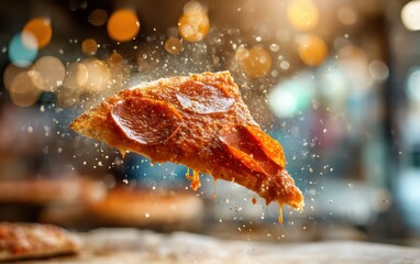 Levitating slice of pepperoni pizza with marinara sauce splatters on a softly blurred pizzeria background
