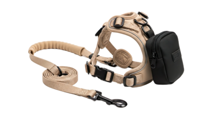 Stylish Beige Dog Harness with Leash and Attached Pouch Perfect for Walks and Outdoor Adventures