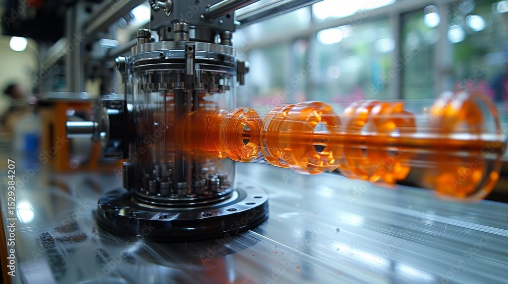 Poster a high-tech machine is intricately crafting transparent components with glowing orange elements, hig