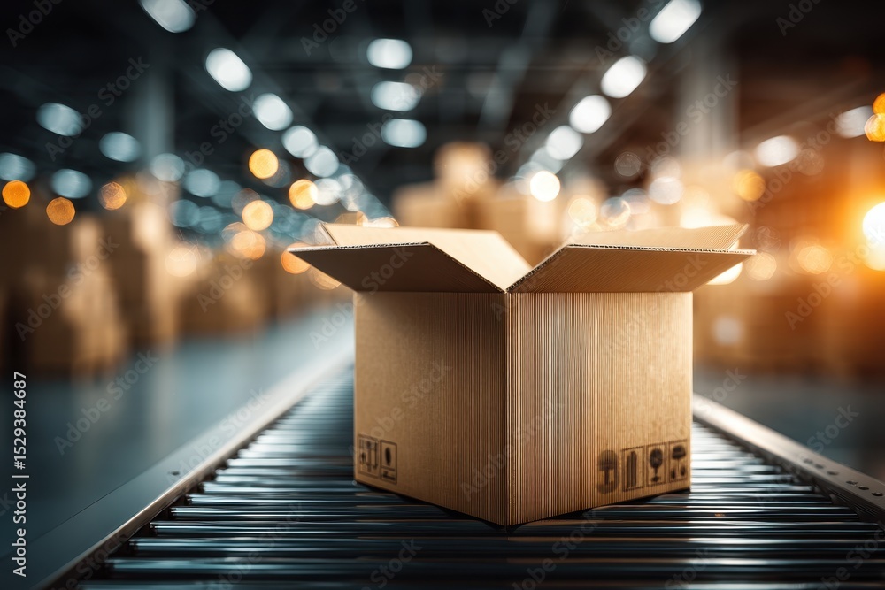 Poster an open cardboard box moves along a conveyor belt in a warehouse, showcasing logistic and distributi