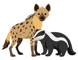 Cartoon Spotted Hyena and Badger Standing Together on a White Background Illustration