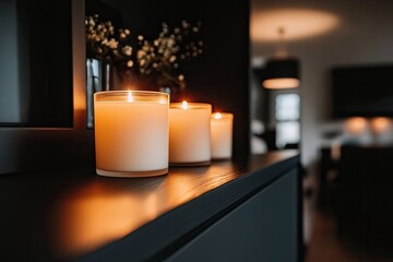 Three lit candles on a dark shelf, soft lighting in a modern home