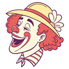 Colorful clown illustration with a joyful expression, wearing a yellow hat adorned with a flower, showcasing a playful and cheerful character design for festive occasions