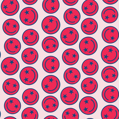 Fourth of July smiling red happy faces with American blue stars seamless pattern on white background. For Independence day print, fabric and textile