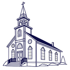 Illustration of a classic church building with a tall steeple, arched windows, and a welcoming entrance, surrounded by trees and a serene landscape, symbolizing faith and community