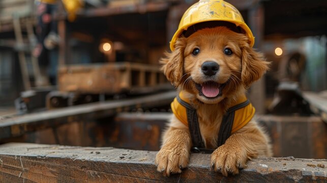 An adorable puppy wearing a hard hat, happily posing at a construction site, symbolizing playfulness and joy, inviting smiles and showcasing the intersection of work and fun.