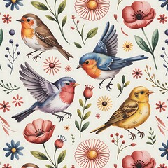A charming floral pattern featuring colorful birds and flowers, creating a vibrant and cheerful design.