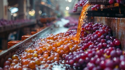 This image showcases an abundance of ripe grapes flowing through a production line, highlighting the beauty of nature intertwined with the art of winemaking and harvest.