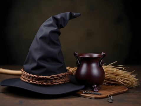 Halloween witch hat, cauldron, book and broom