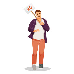 Man protesting with NO sign, cartoon style on white background, concept of disagreement or resistance. Vector illustration