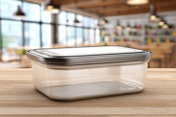 Clear plastic food storage container on wooden surface, showcasing its design with blurred background, suitable for kitchen or household usage representation.