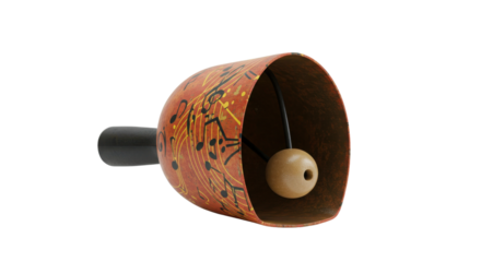 Decorative hand bell with musical notes pattern isolated on white background