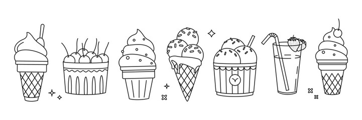 Set of ice cream isolated on white background. Vector set of line art ice cream and cocktail.