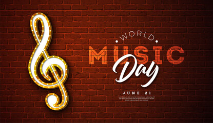 World Music Day Banner Illustration with Light Bulb Signboard Musical Notes and Typography Letter on Vintage Brick Wall Background. Vector International June 21 Festival Design Template for Post Card