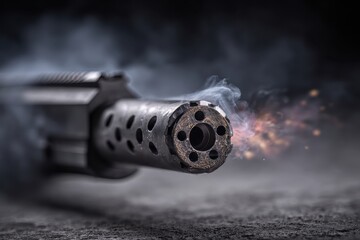 Close-up of a smoking gun barrel with muzzle flash on a dark background, depicting power, danger, and the immediate aftermath of firing a weapon with dramatic effect.
