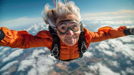 An elderly woman with vibrant gray hair soars through the sky while skydiving, demonstrating fearlessness and a zest for life in this exhilarating visual of adventure.