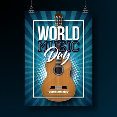 World Music Day Poster Illustration with Musical Notes and Typography Letter on Blue Background. Vector International June 21 Festival Design Template for Post Card, Greeting Card, Holiday Banner