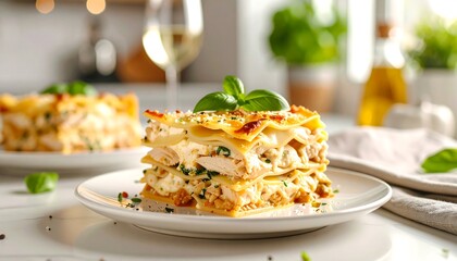 Creamy Chicken Lasagna with Kitchen Setting.