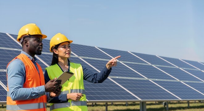 African American man and asian woman engineers inspecting solar panels. Renewable energy source farm. Green power plant concept, with copy space