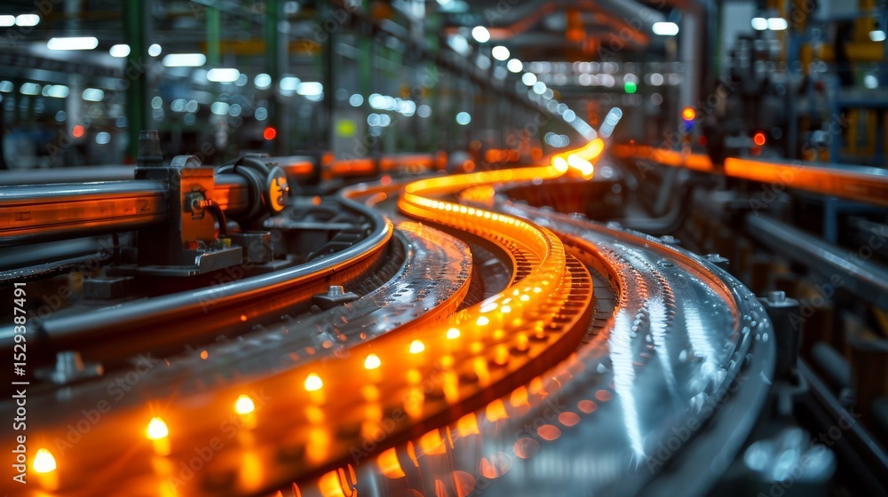 Aufkleber an impressive view of an industrial production line with glowing orange elements, emphasizing the dy