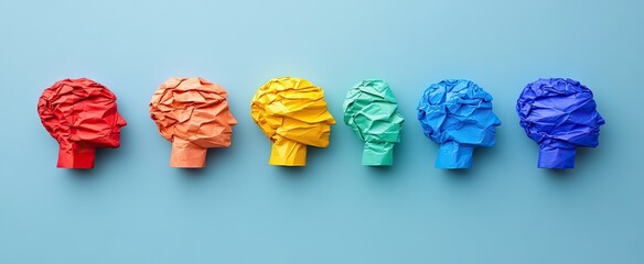 Colorful crumpled paper head sculptures in profile view