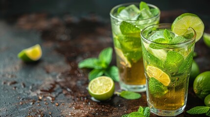 Delicious cocktails adorned with fresh mint and lime slices, ideal for representing relaxation and enjoyment. Perfect for summer gatherings and refreshing moments.