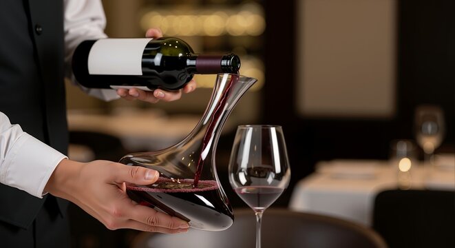 Server decanting red wine into glass decanter. Man sommelier pouring beverage for luxurious dinner service, with copy space