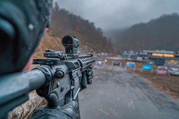 An individual aiming a high-powered rifle with a red dot sight in a rainy, outdoor environment. The focus is on the weapon's details and the shooter's perspective.