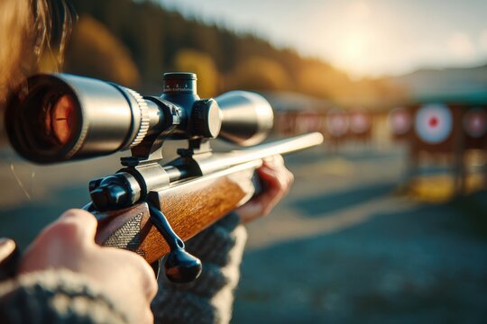 Close-up of a marksman aiming with a sniper rifle at a target range during golden hour, focusing on the scope and the wooden stock with blurred background.