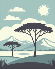 Serene savannah landscape with trees mountains clouds and sun vector illustration