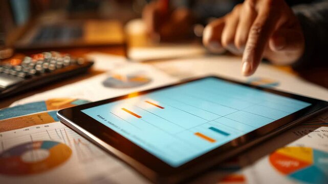 Hands interact with a tablet showcasing colorful business graphs and data during a productive meeting. The atmosphere is focused, emphasizing teamwork and data-driven decisions.