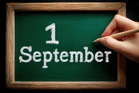 First of September written on a chalkboard, back to school theme with a wooden frame and a hand holding a pencil for a creative educational concept.
