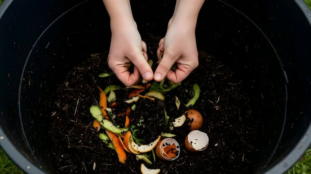 Composting Organic Waste: Adding Vegetable Scraps and Eggshells into Compost Bin for Sustainable Gardening and Eco-Friendly Waste Management