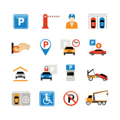 Car parking icon set. Public parking and parking location symbol. No car parking sign. Location parking sign for car. Infographic. Vector illustration.