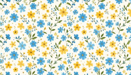 Blue Yellow Floral Seamless Pattern.