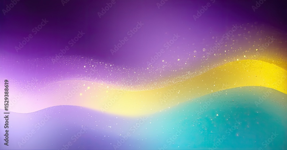 Poster abstract background features flowing colors. purple, yellow, turquoise blend with sparkling glitter 