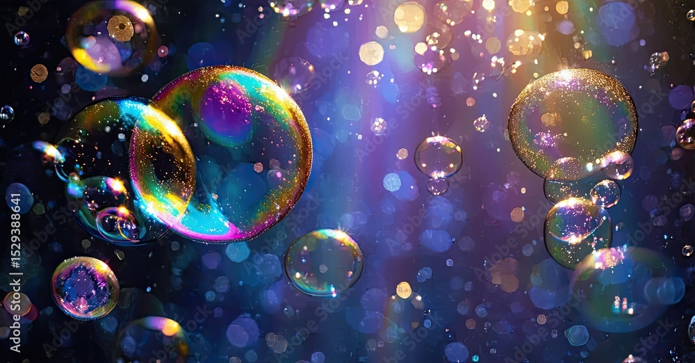 Poster colorful bubbles float, reflecting light. vibrant hues create dreamy, ethereal scene. sparkles add m