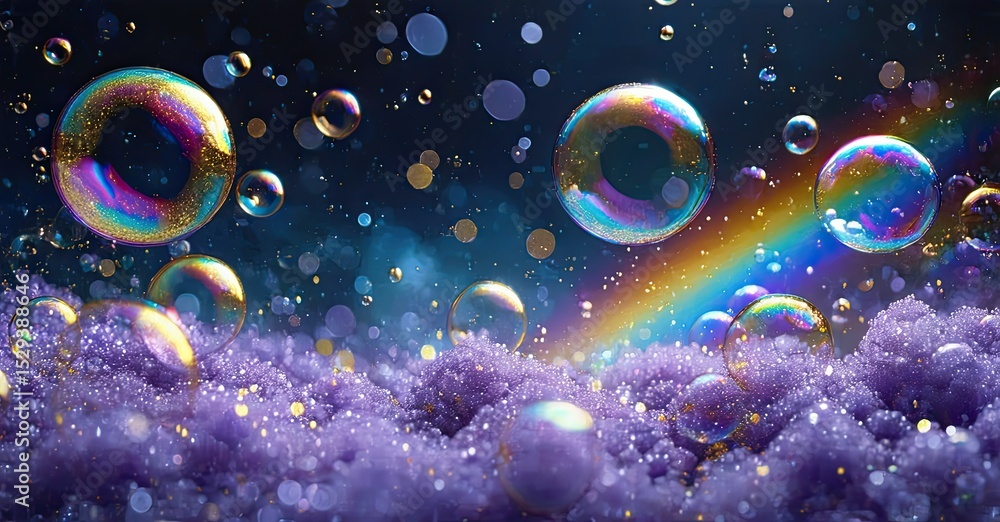 Poster Iridescent bubbles float above textured purple surface. Rainbow arc visible, creating dreamy, colorful scene. Light sparkles throughout image.