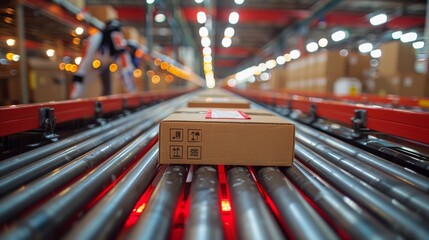 An industrial view of a warehouse conveyor belt focused on a single package surrounded by blurred lights, representing efficiency and logistical precision in modern supply chains.