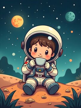 Adorable Astronaut Sipping Coffee Amidst Lunar Landscape in Cartoonish Style