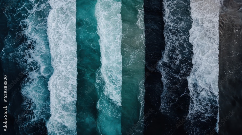 Poster a mesmerizing aerial view of ocean waves showcasing varying shades of blue, creating an abstract and